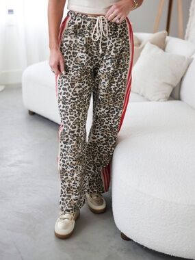LovLov Track Pants Leopard Size Large Black Brown Red Side Stripes Drawstring